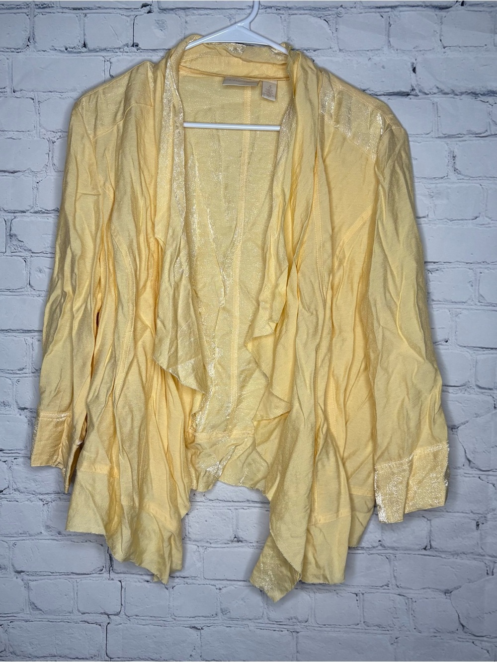 Chicos open front lightweight open front jacket pale yellow shimmer size 3/xl
